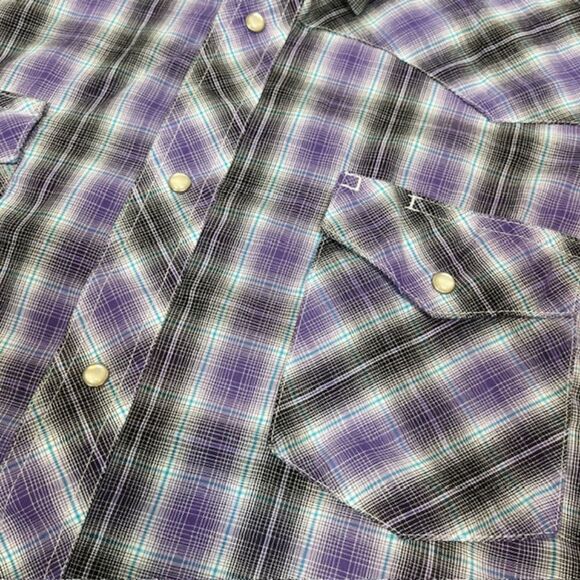 Wrangler Western Fashion Pearl Snap Shirt Men's Purple Black Plaid 2 pocket 2XL - Picture 2 of 7
